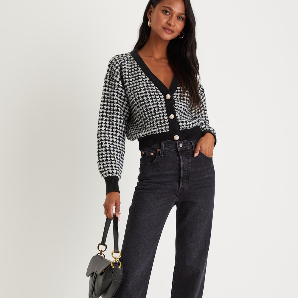 Lulu's Black and White Cardigan with Bold Geometric Pattern